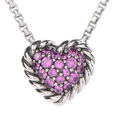 David Yurman Sterling Silver Pink Sapphire Petite Pave Heart Pendant Necklace 14 of 14