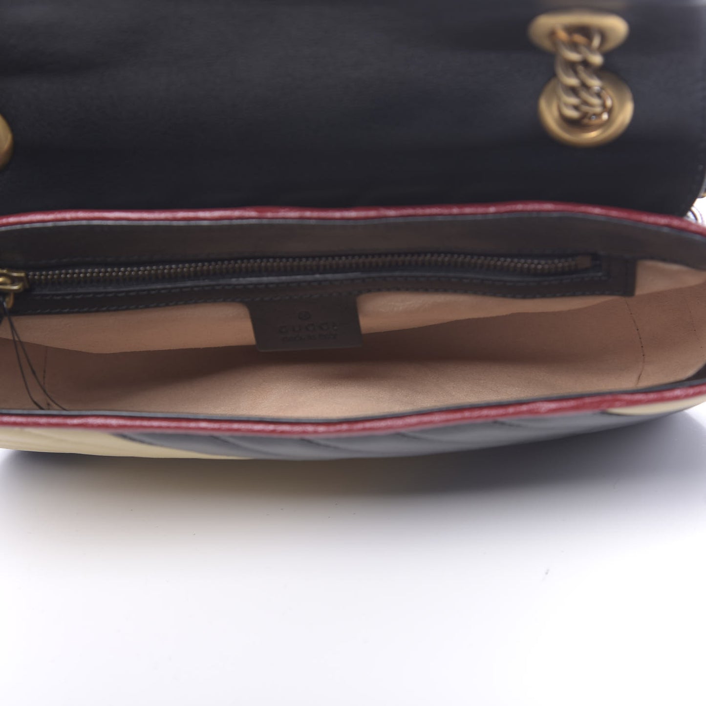 Vintage Effect Calfskin Matelasse Diagonal Striped Small Torchon GG Marmont Shoulder Bag Black Beige
