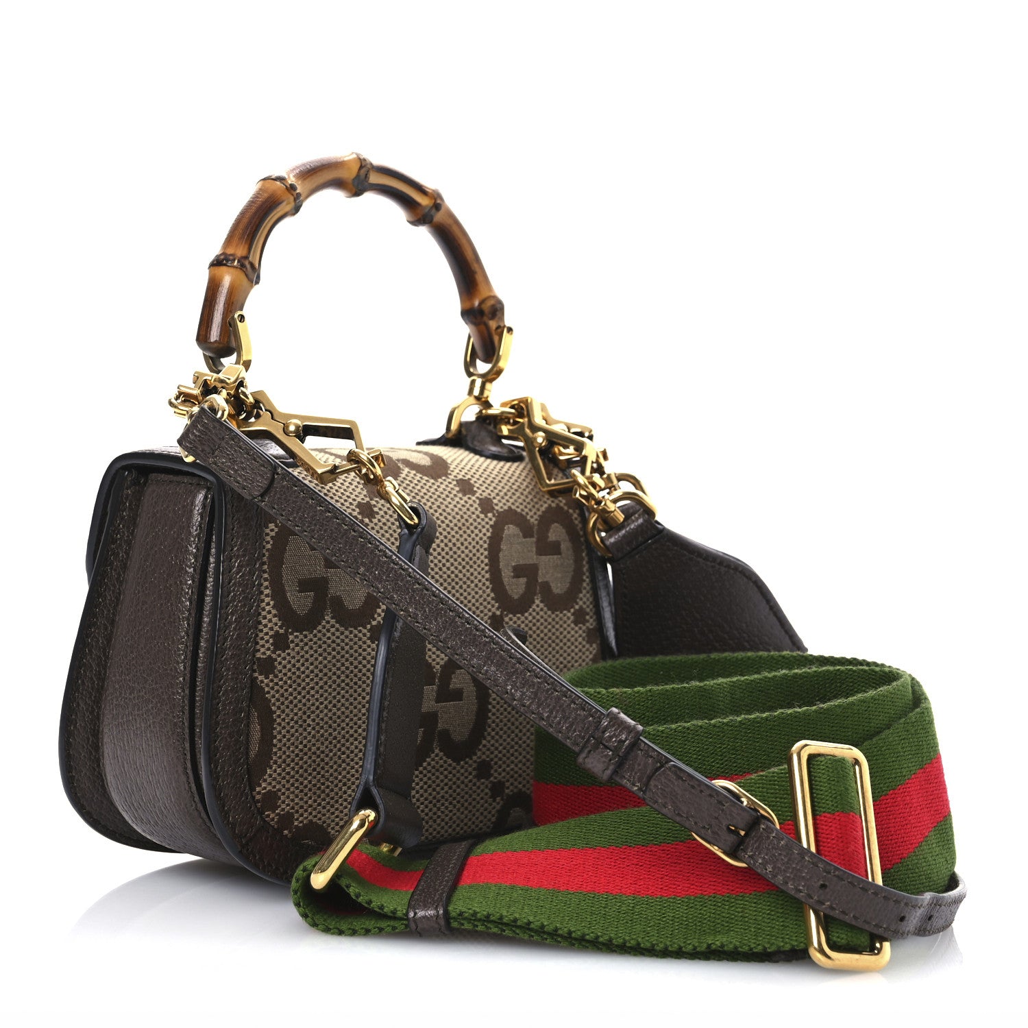 Gucci Monogram Jumbo GG Textured Dollar Calfskin Web Mini Bamboo 1947 Top Handle Bag Camel Ebony New Acero 3 of 11