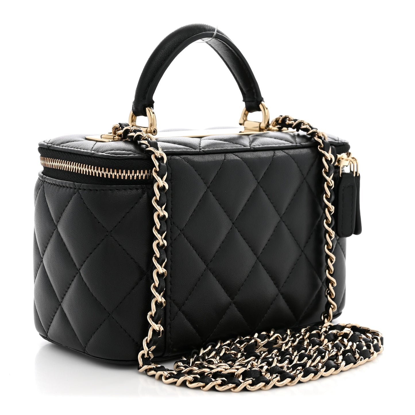 Lambskin Quilted Trendy Small Top Handle Vanity Case With Chain Black