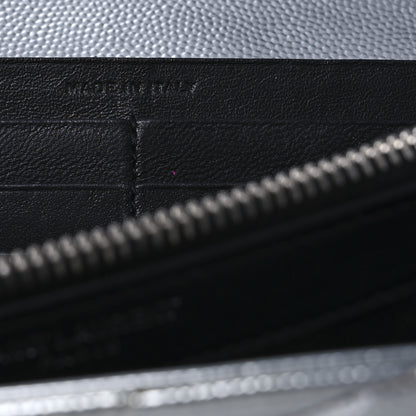 Saint Laurent Metallic Grain De Poudre Matelasse Chevron Monogram Flap Wallet Silver 9 of 16