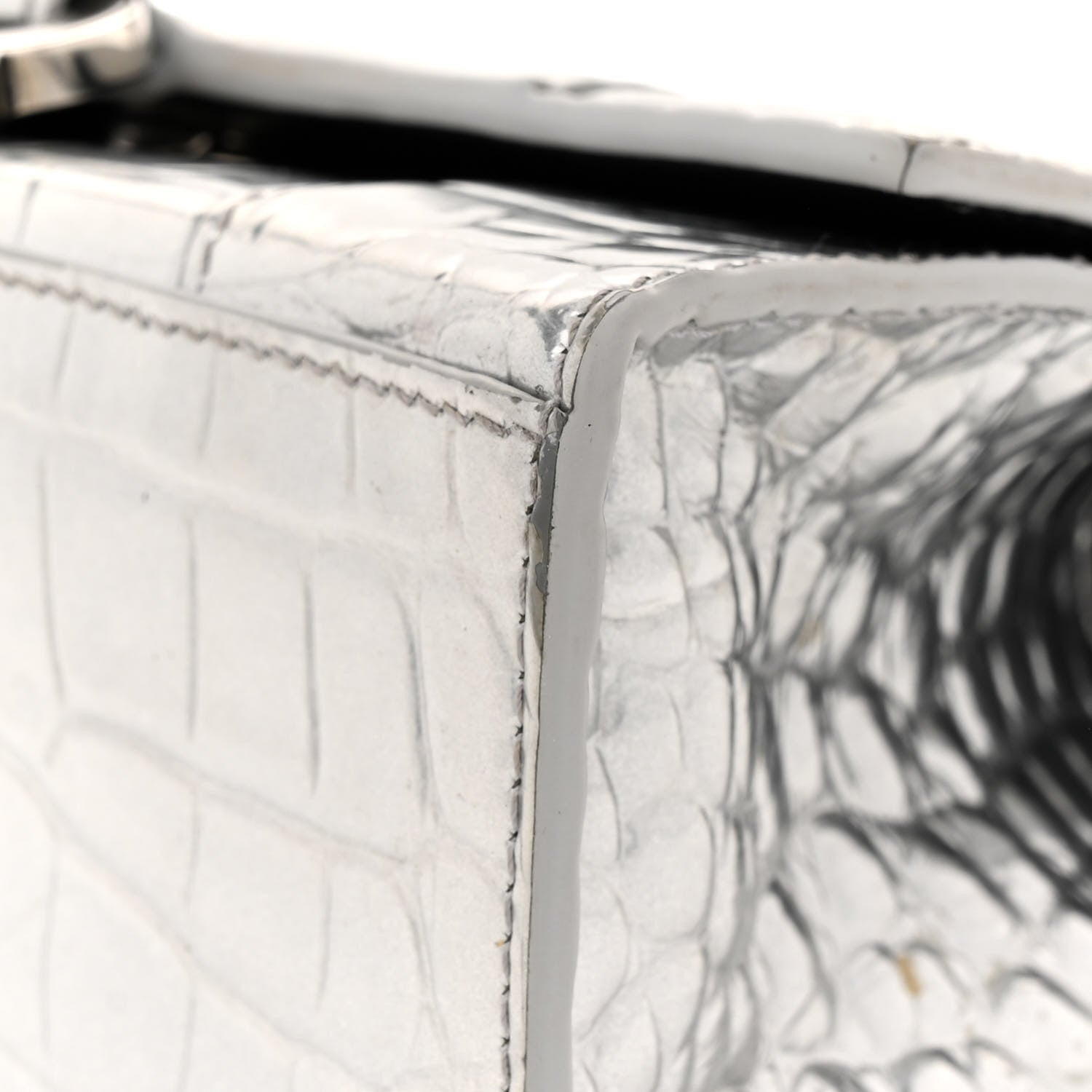 Balenciaga Metallic Calfskin Crocodile Embossed Hourglass Top Handle Bag XS Silver 11 of 15