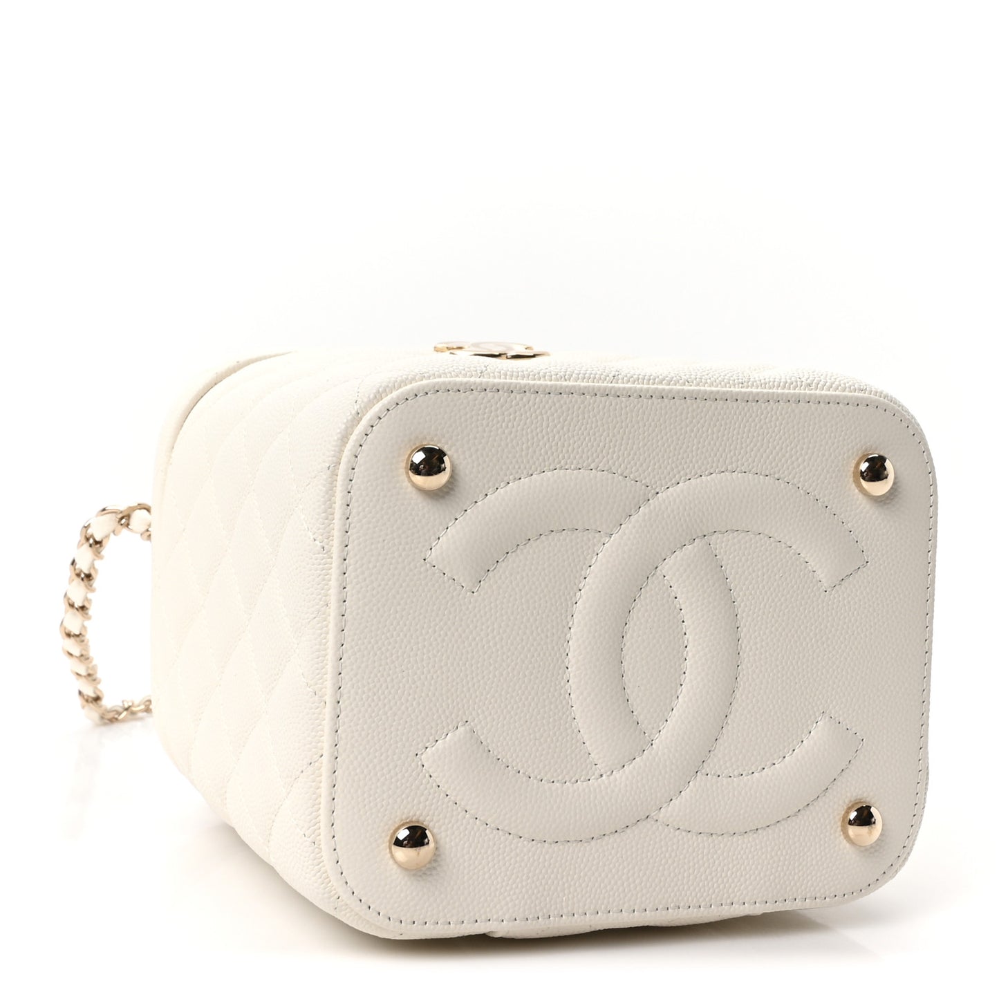 Caviar Quilted Small Top Handle Vanity Case With Chain White