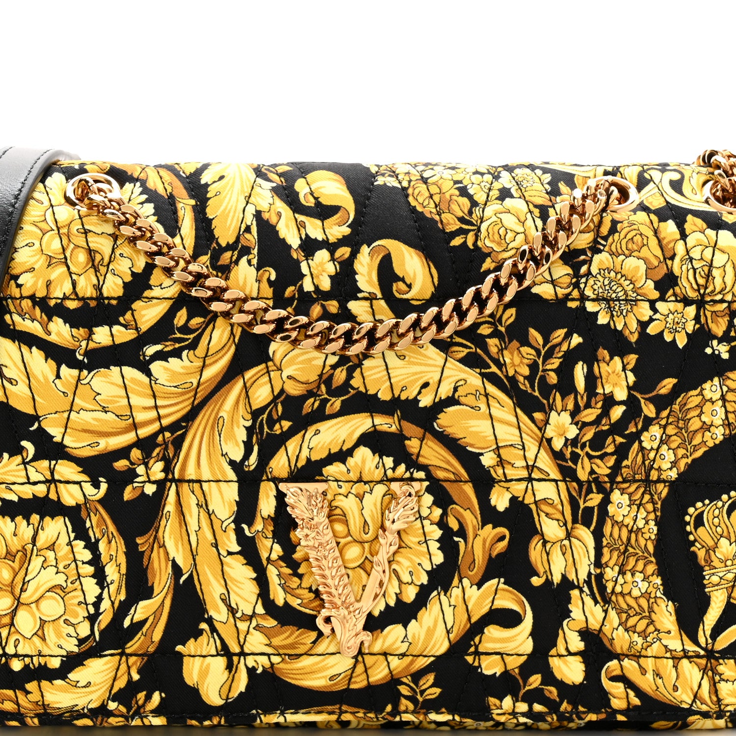 Versace Silk Barocco Printed Quilted Virtus V Chain Flap Shoulder Bag Black Gold 5 of 9