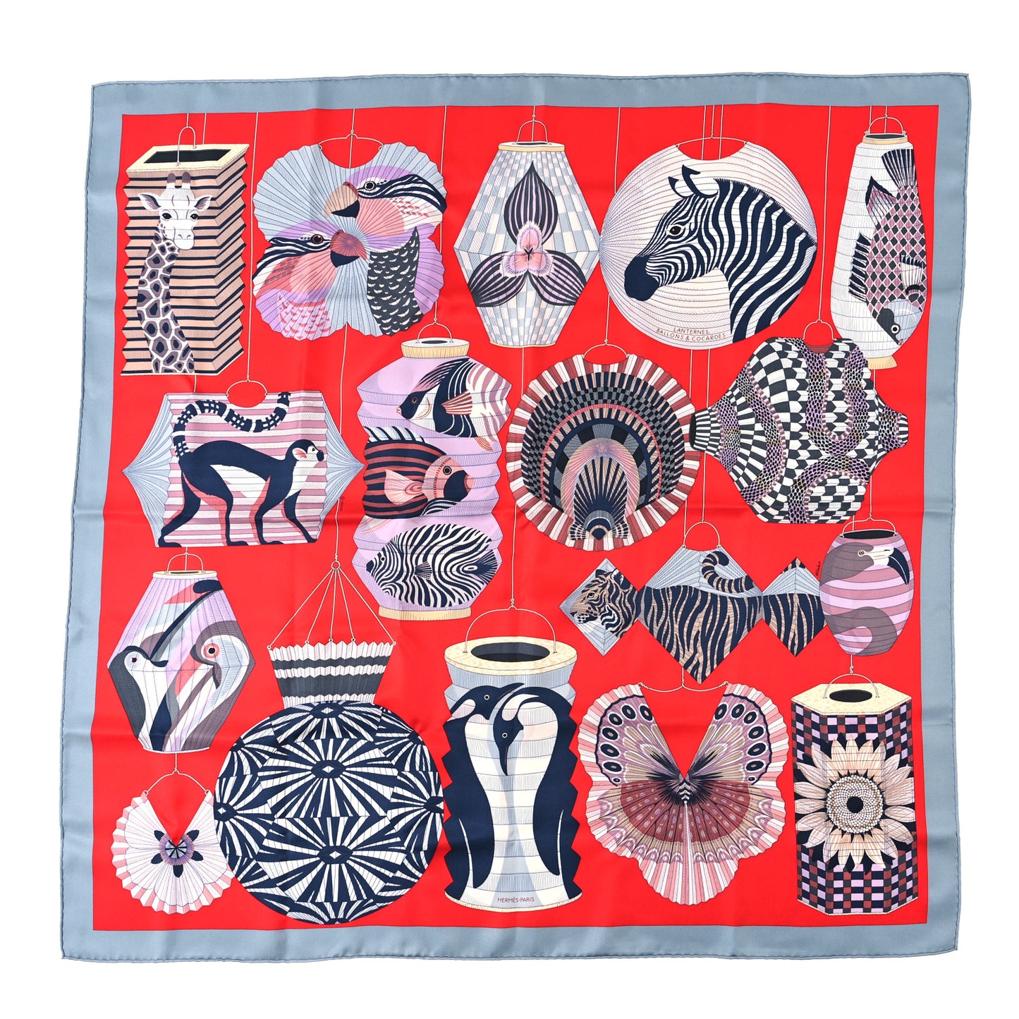 Silk Lanternes Ballons et Cocardes Scarf 90 Gris Rouge Mauve