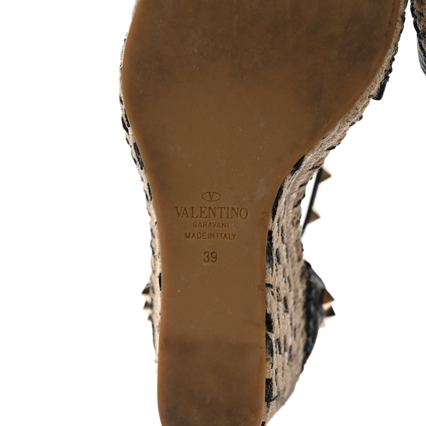 Grained Calfskin Rockstud Ankle Strap Espadrille 15/105mm Wedge Sandals 39 Black Natural