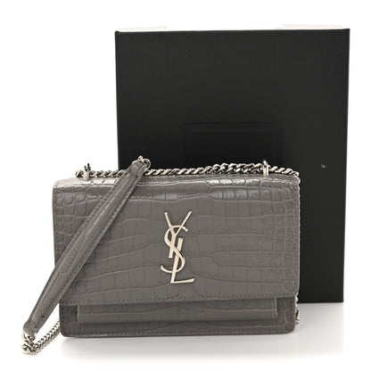 Saint Laurent Calfskin Crocodile Embossed Monogram Sunset Chain Wallet Fog 14 of 14