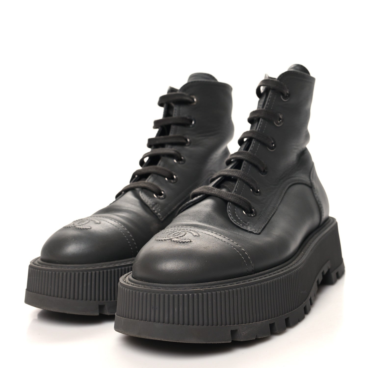 Chanel Calfskin CC Lace Up Combat Boots 38.5 Gray 3 of 11