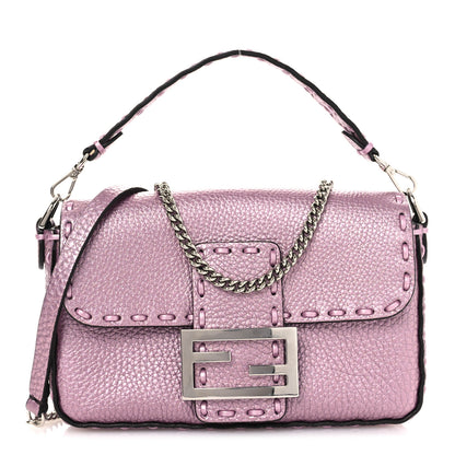 Fendi Metallic Cuoio Roma Sellerissima Nappa Sintetica Tape Stitch Mini Baguette Rosa Placca Argento 1 of 10