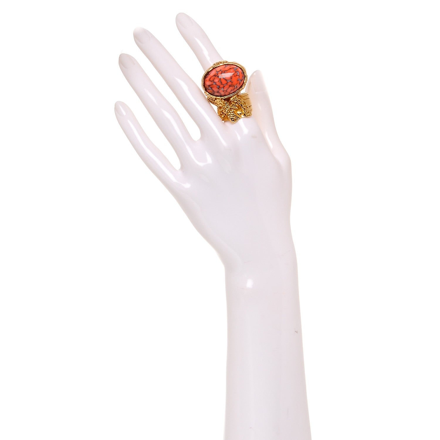 Saint Laurent Glass Cabochon Arty Ovale Ring 9 Gold Coral 2 of 4