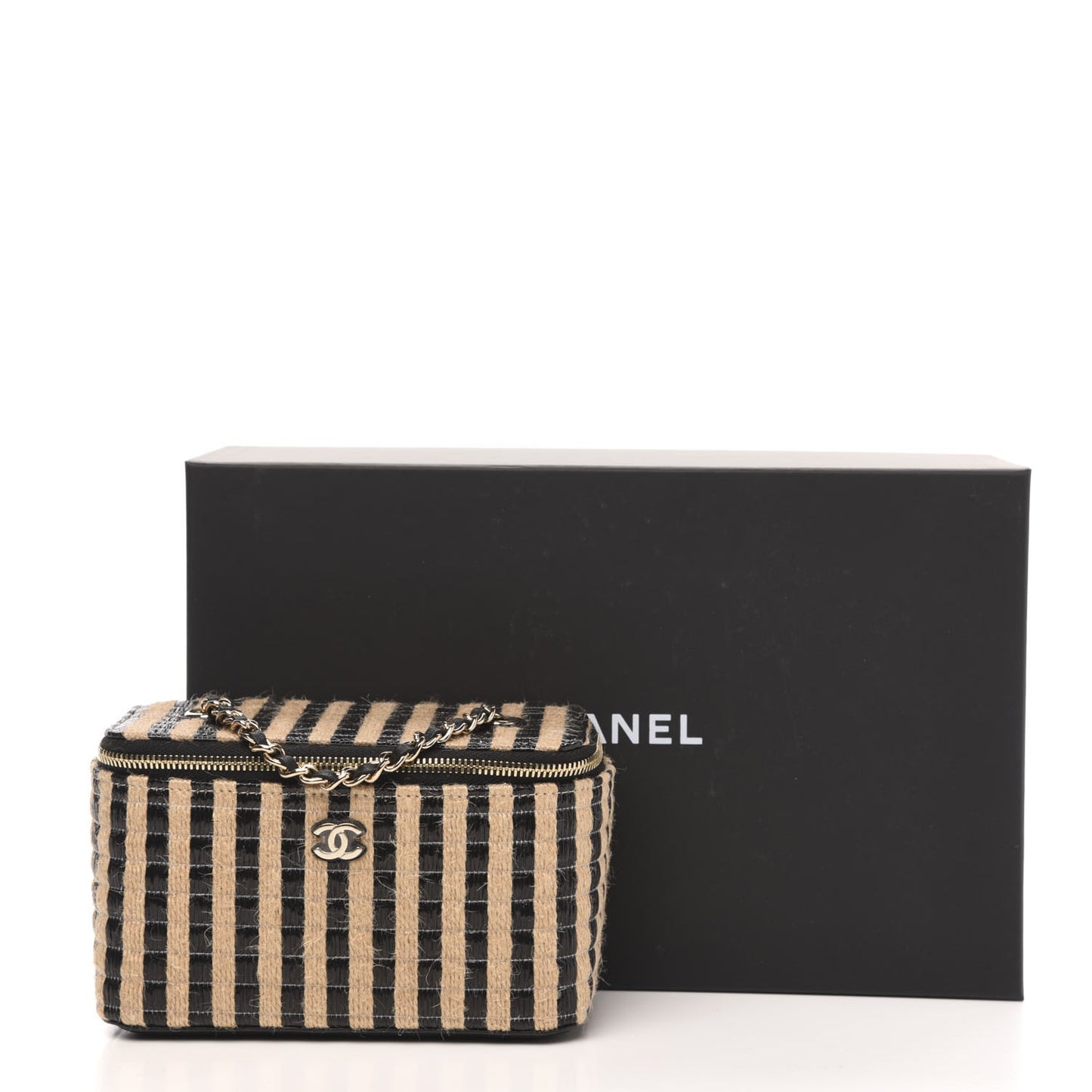 Raffia Jute Striped Small Vanity Case With Chain Black Beige