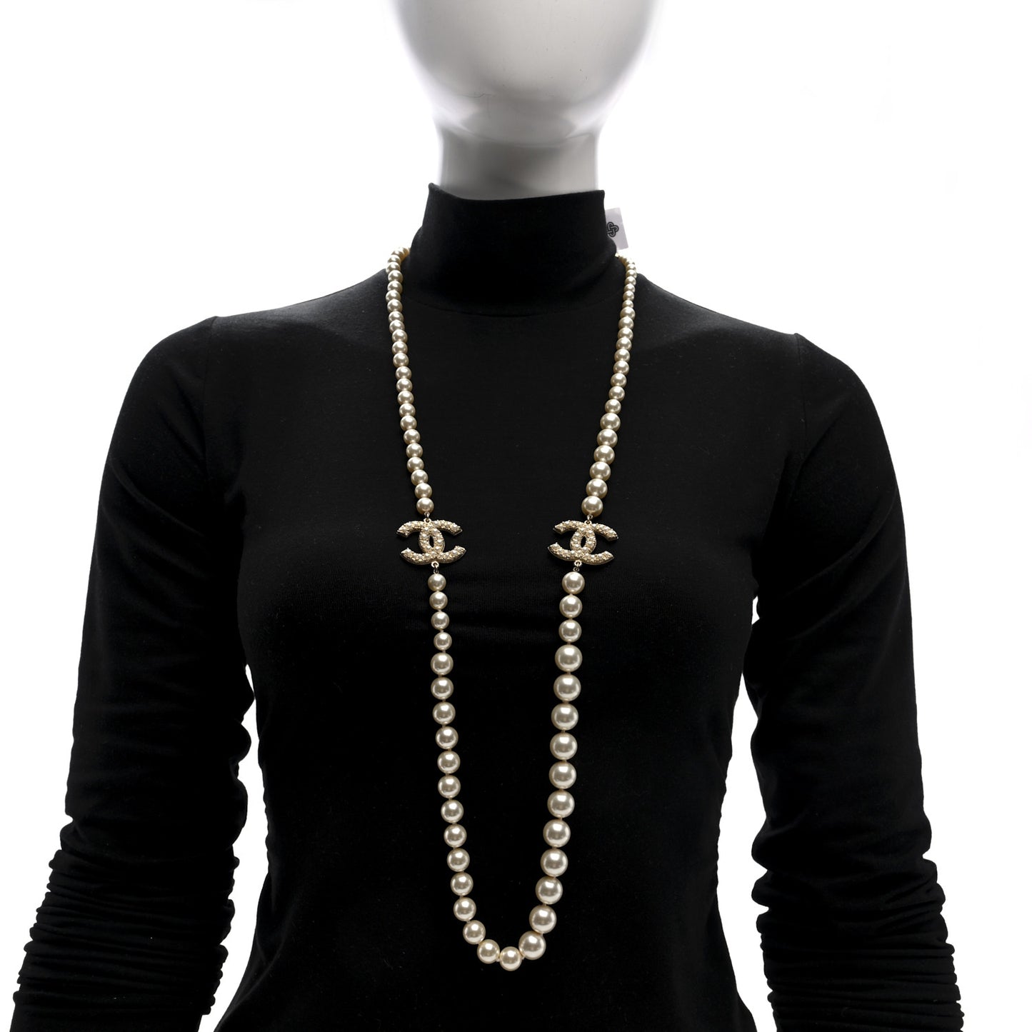 Crystal Pearl CC Long Necklace Gold