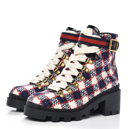 Gucci Vintage Tweed Check Lace Up Combat Ankle Boots 35.5 White Hibiscus Red Marine 3 of 8