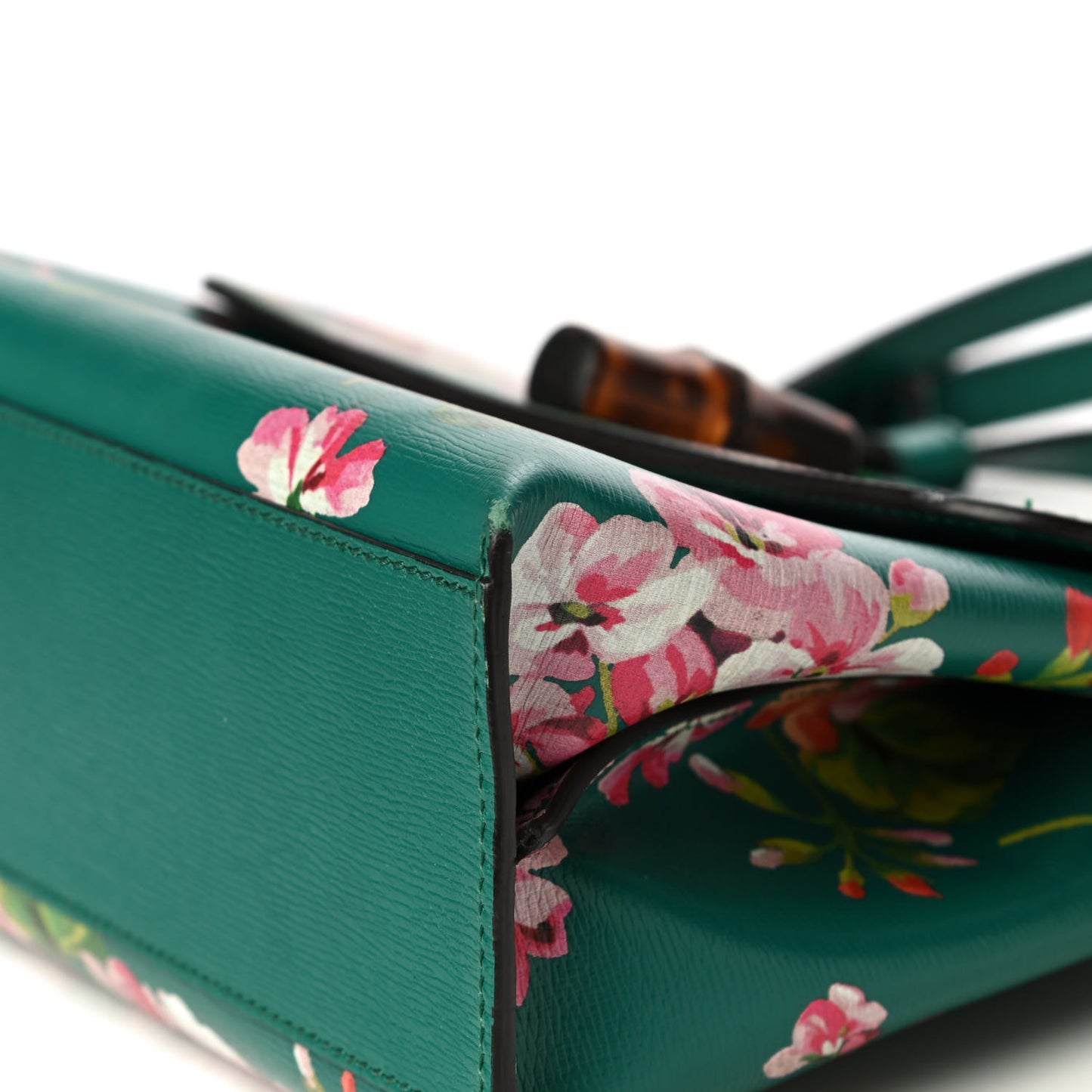 Shangai Calfskin Blooms Print Small Bamboo Daily Top Handle Bag Clear Bright Emerald Multicolor