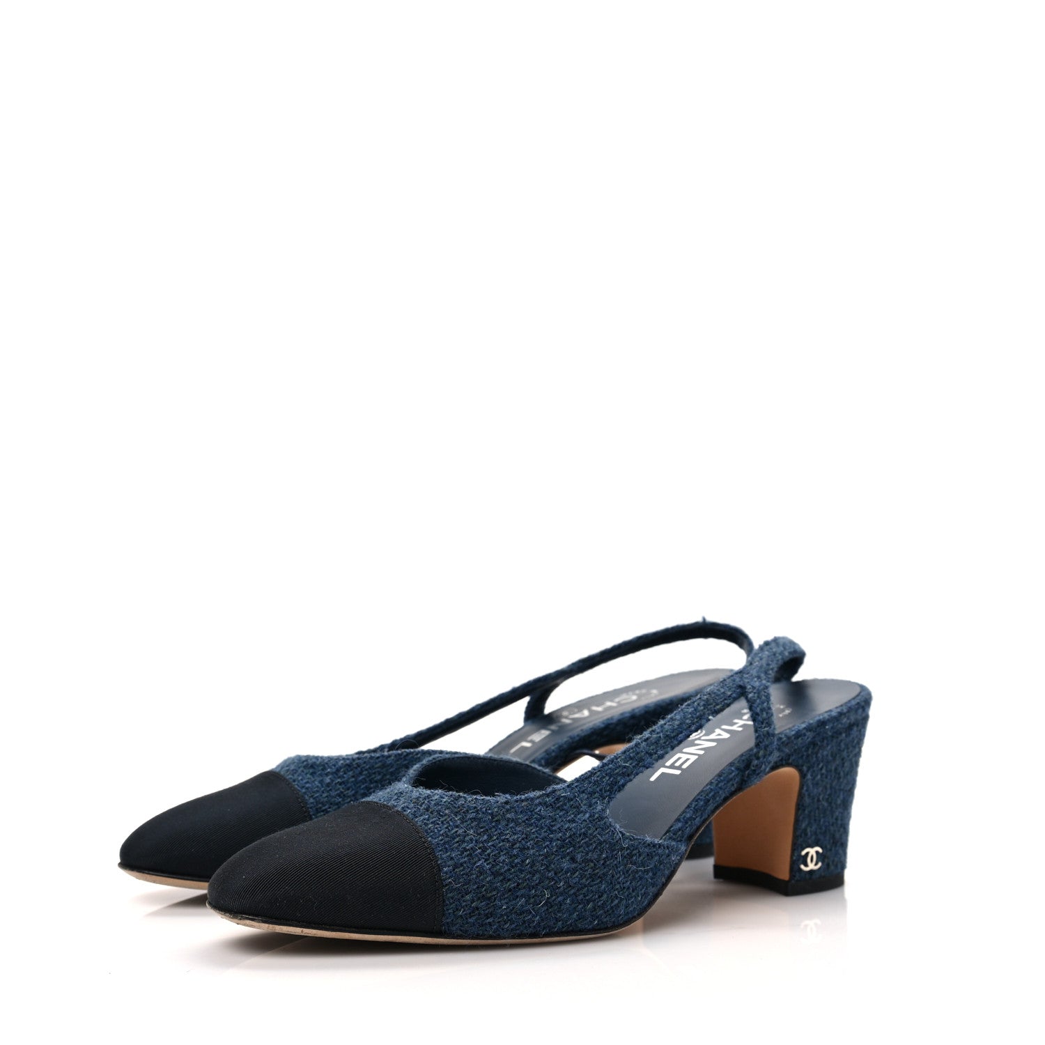 Chanel Tweed Grosgrain Cap Toe CC Slingback Pumps 38.5 Blue Black 3 of 7