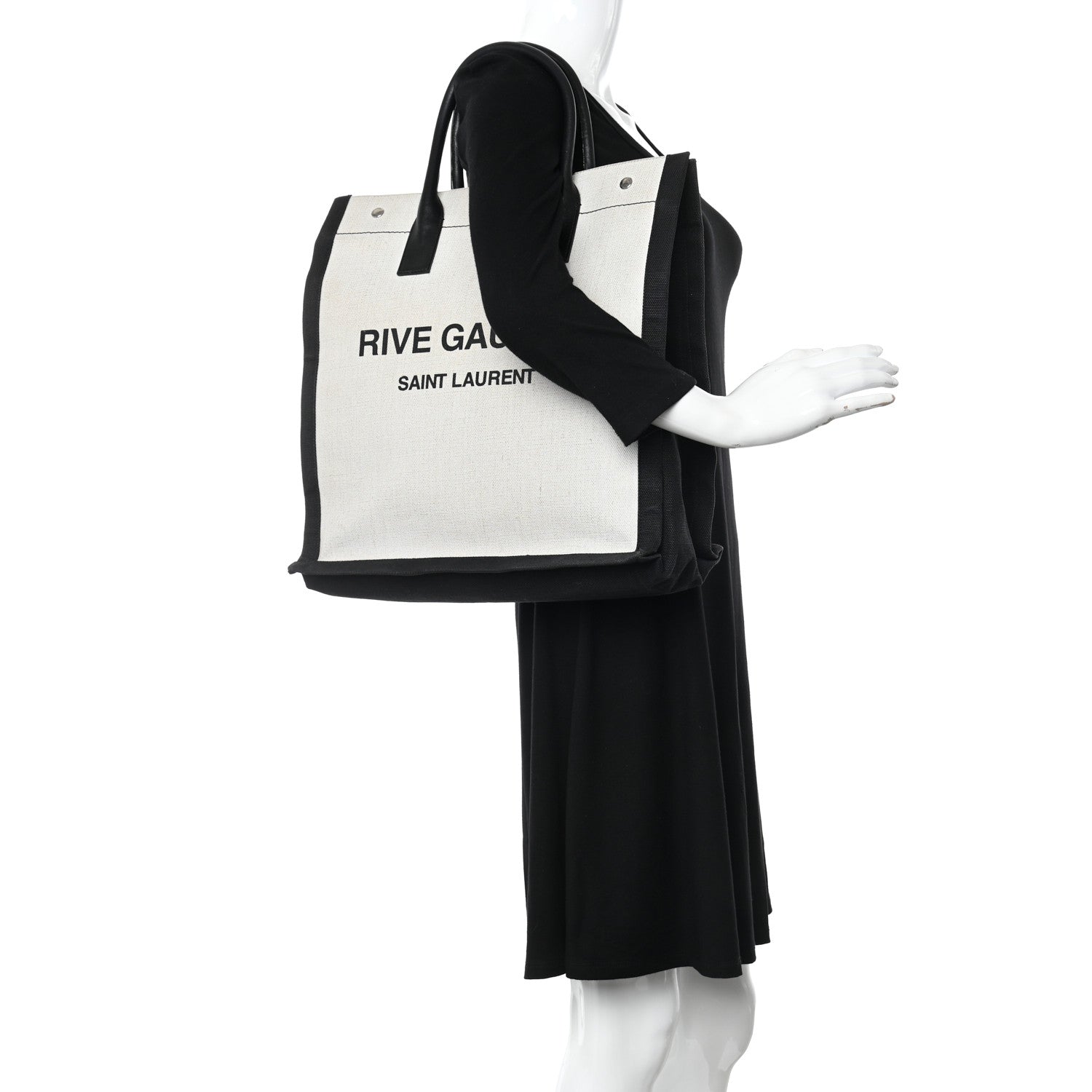 Saint Laurent Linen Calfskin Rive Gauche North South Tote White Black 2 of 15