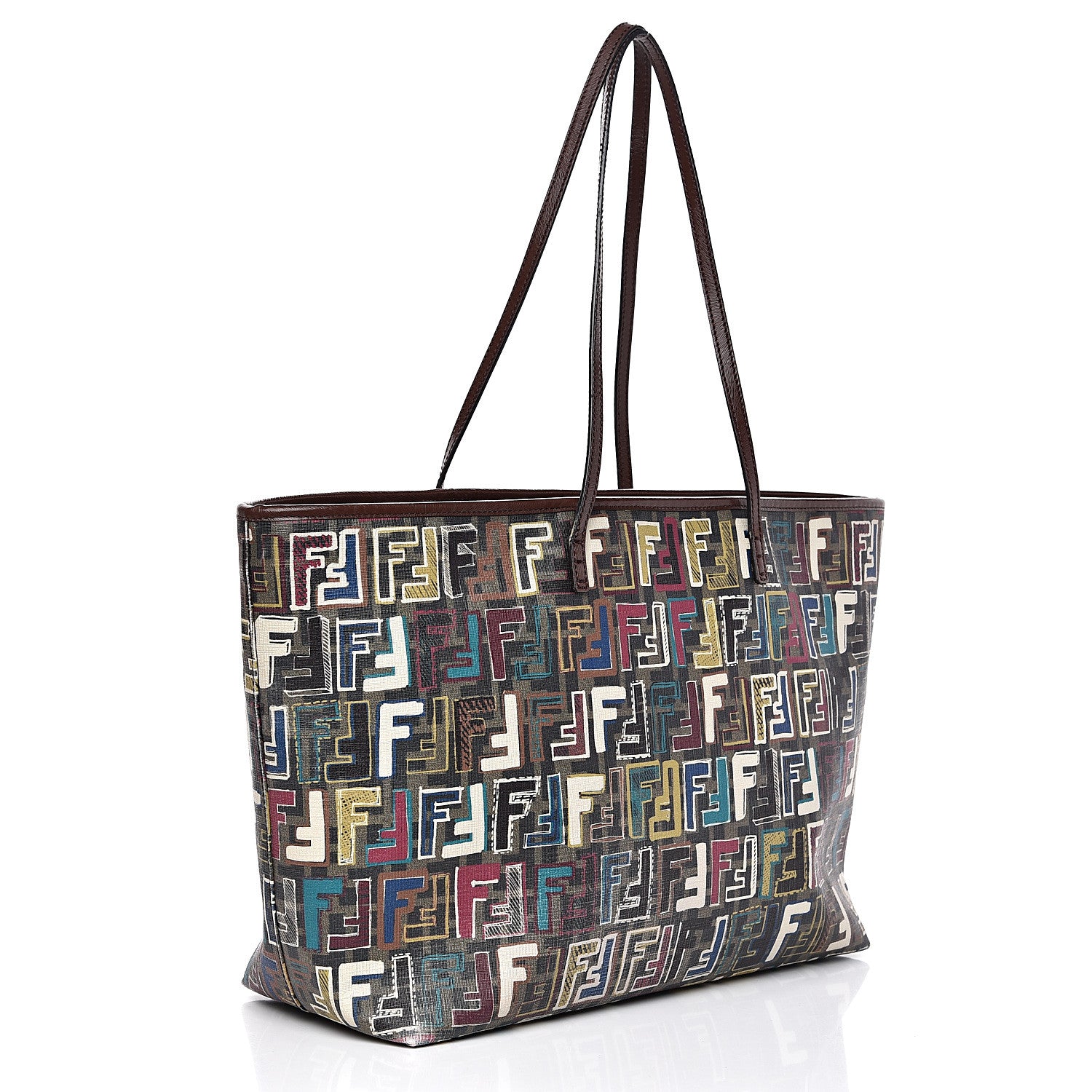 Fendi Zucca Spalmati Vitello FF Multicolor Medium Roll Tote Tobacco Multicolor Marrone 2 of 14