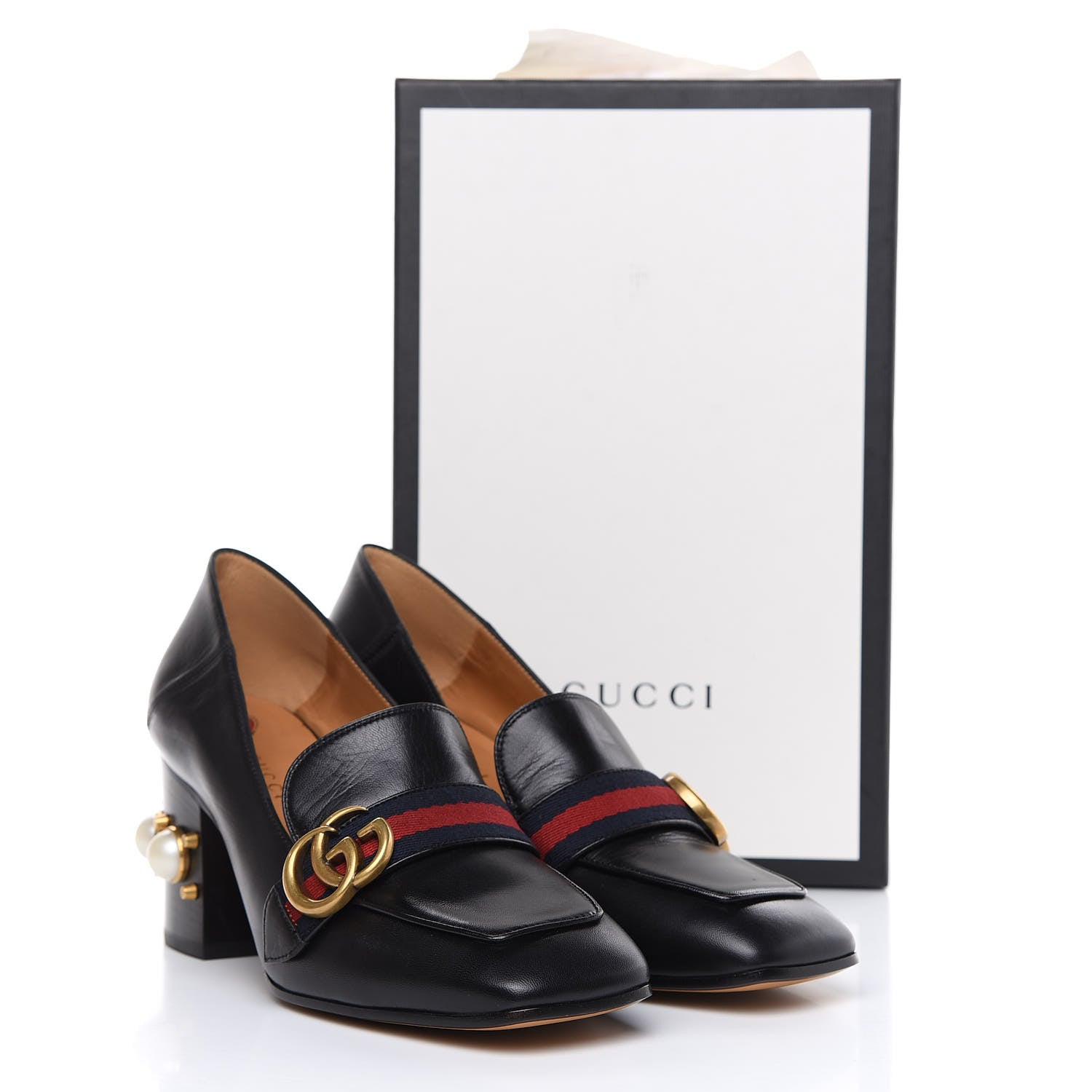 Gucci Malaga Kid Web Pearl Embellished Peyton 75mm Loafer Pumps 38.5 Black 10 of 10