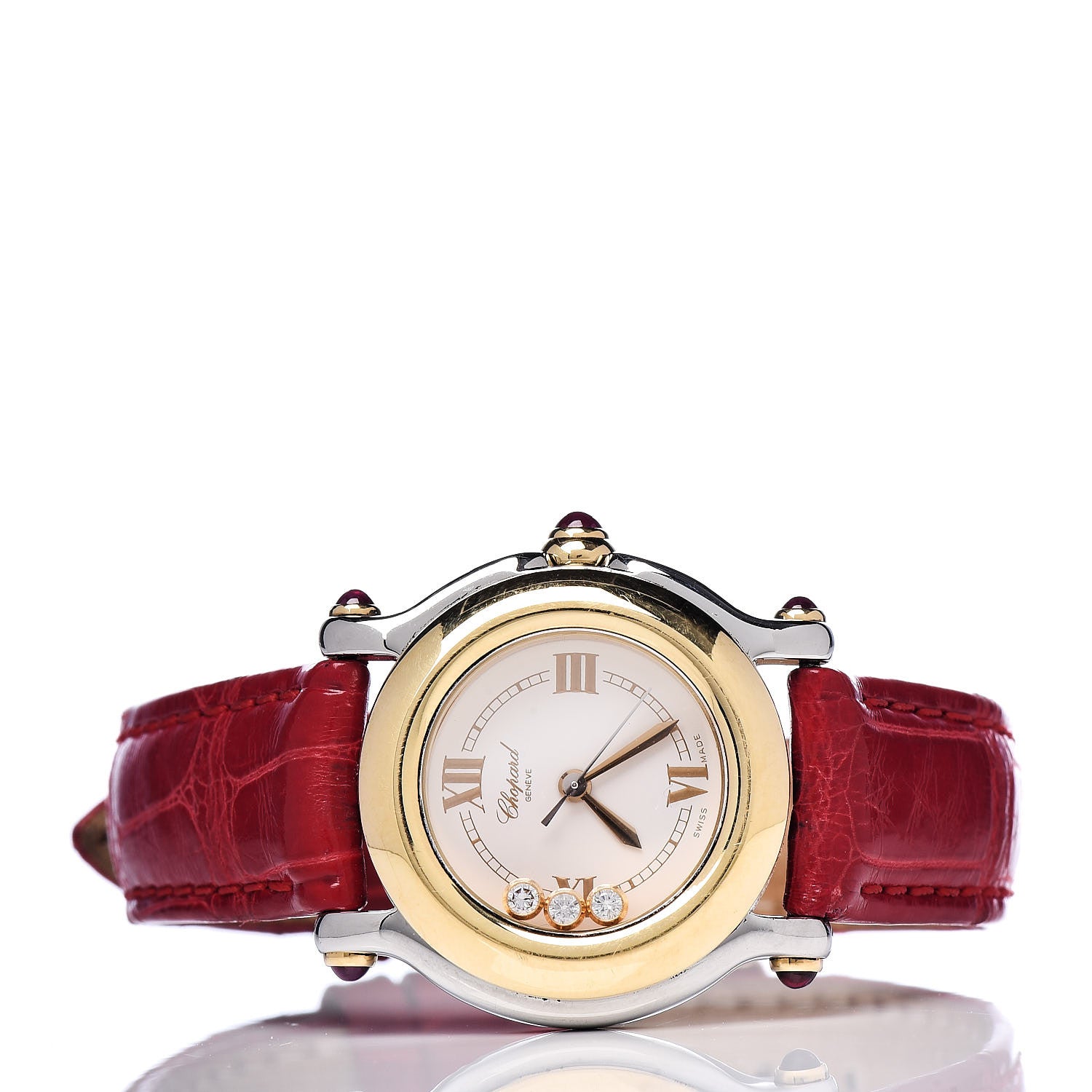 Chopard Stainless Steel 18K Yellow Gold Alligator 3 Diamond Ruby 26mm Happy Sport Quartz Watch 3 of 10
