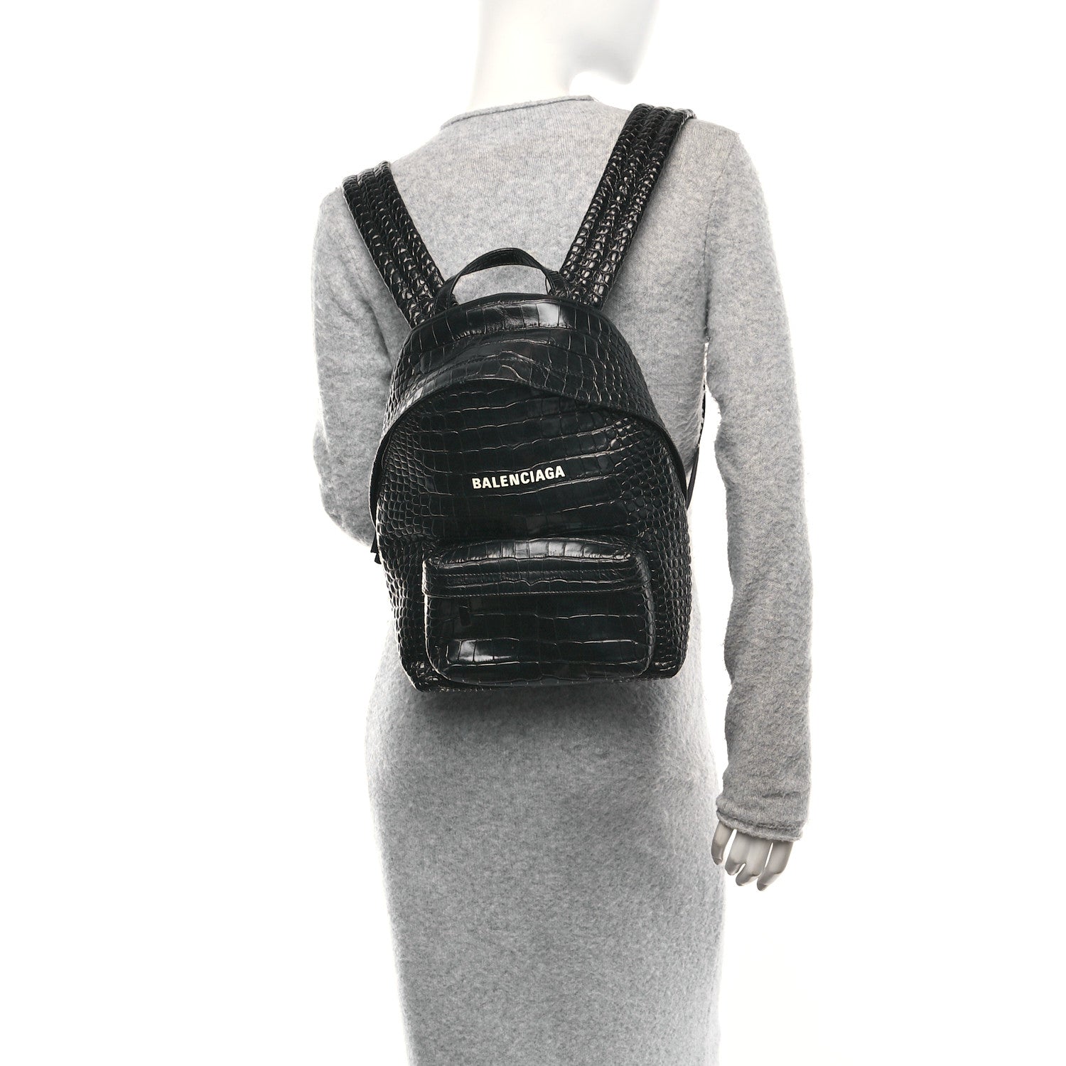 Balenciaga Calfskin Logo Crocodile Embossed Small Everyday Backpack Black 2 of 11