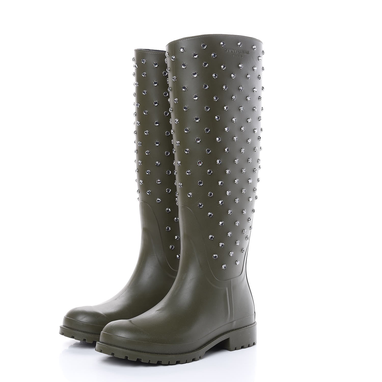 Saint Laurent Rubber Studded Festival Rain Boots 37 New Kaki Fonce 3 of 9