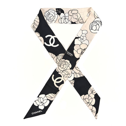 Chanel Silk Slim Camellia CC Bandeau Scarf Beige Black 1 of 3