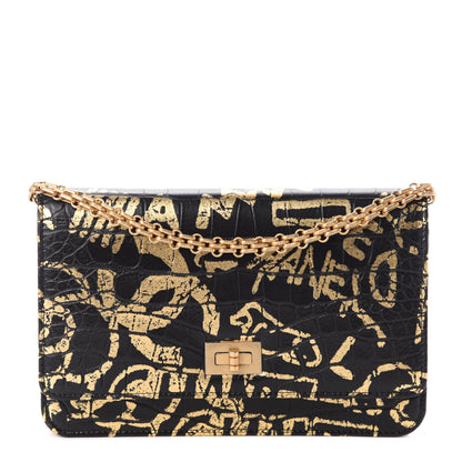 Chanel Calfskin Crocodile Embossed Graffiti 2.55 Cocodile Reissue Wallet On Chain WOC Black Gold 1 of 10