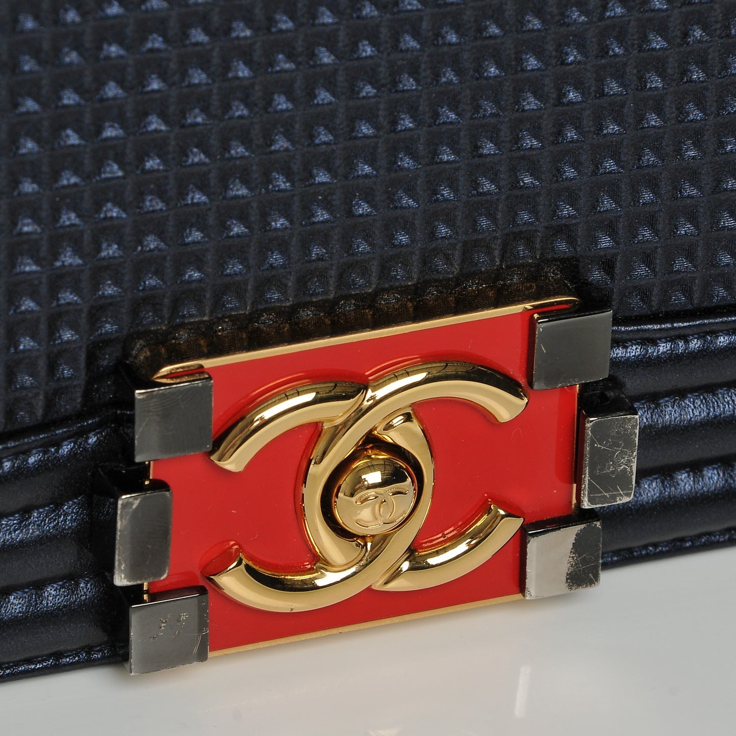 Lambskin Embossed Large Boy Cube Flap Navy Blue
