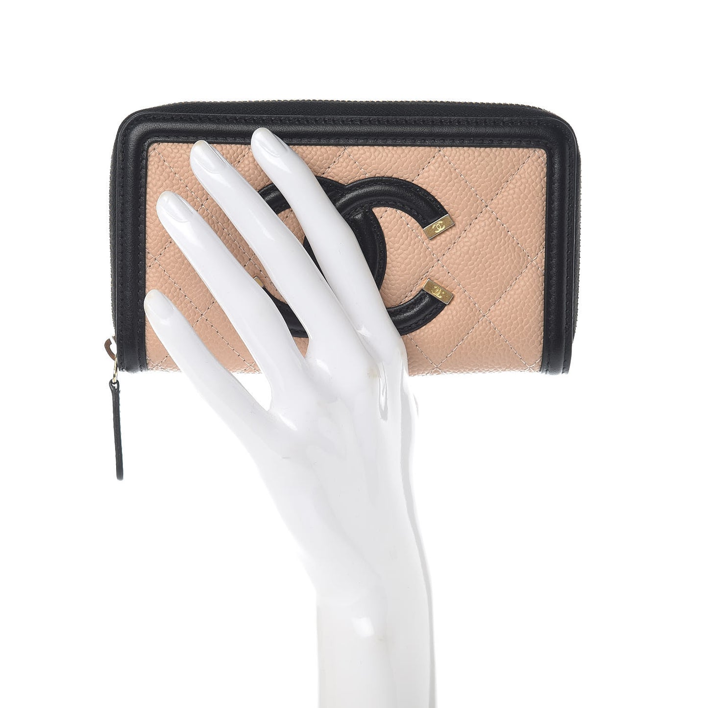 Caviar Quilted Small Filigree Zip Around Wallet Beige Black