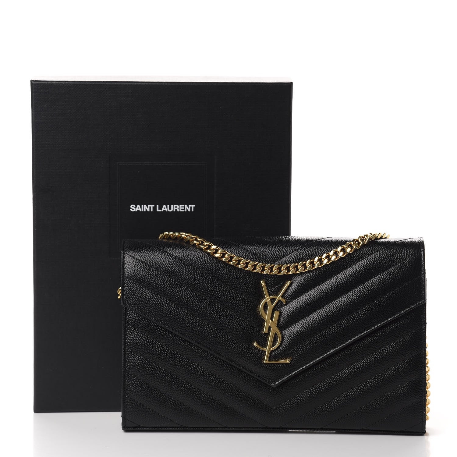 Saint Laurent Grain De Poudre Matelasse Chevron Monogram Chain Wallet Black 9 of 9