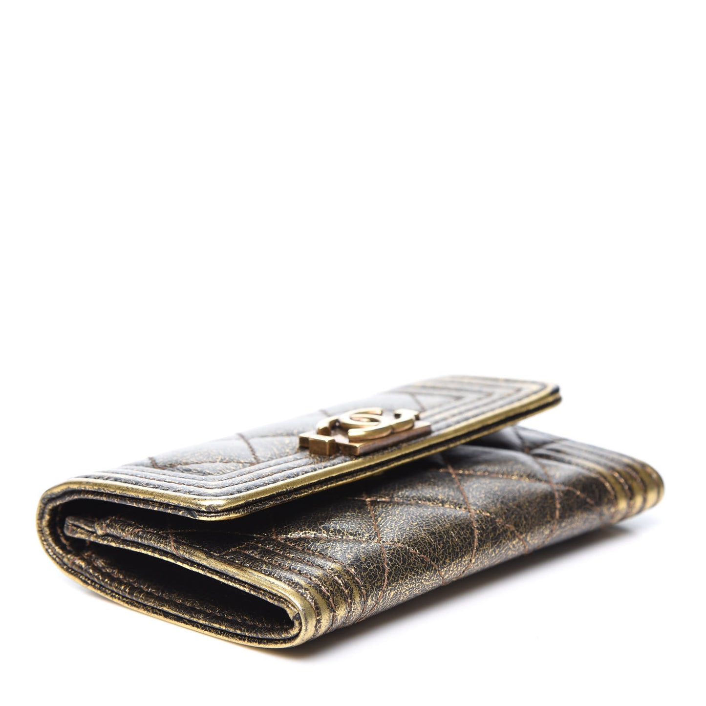 Cracked Metallic Calfskin Quilted Boy Flap Card Holder Wallet Gold
