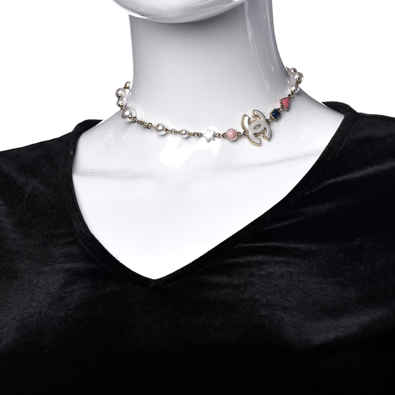 Chanel Resin Pearl Beaded CC Short Necklace Gold Pearly White Pink 2 of 4
