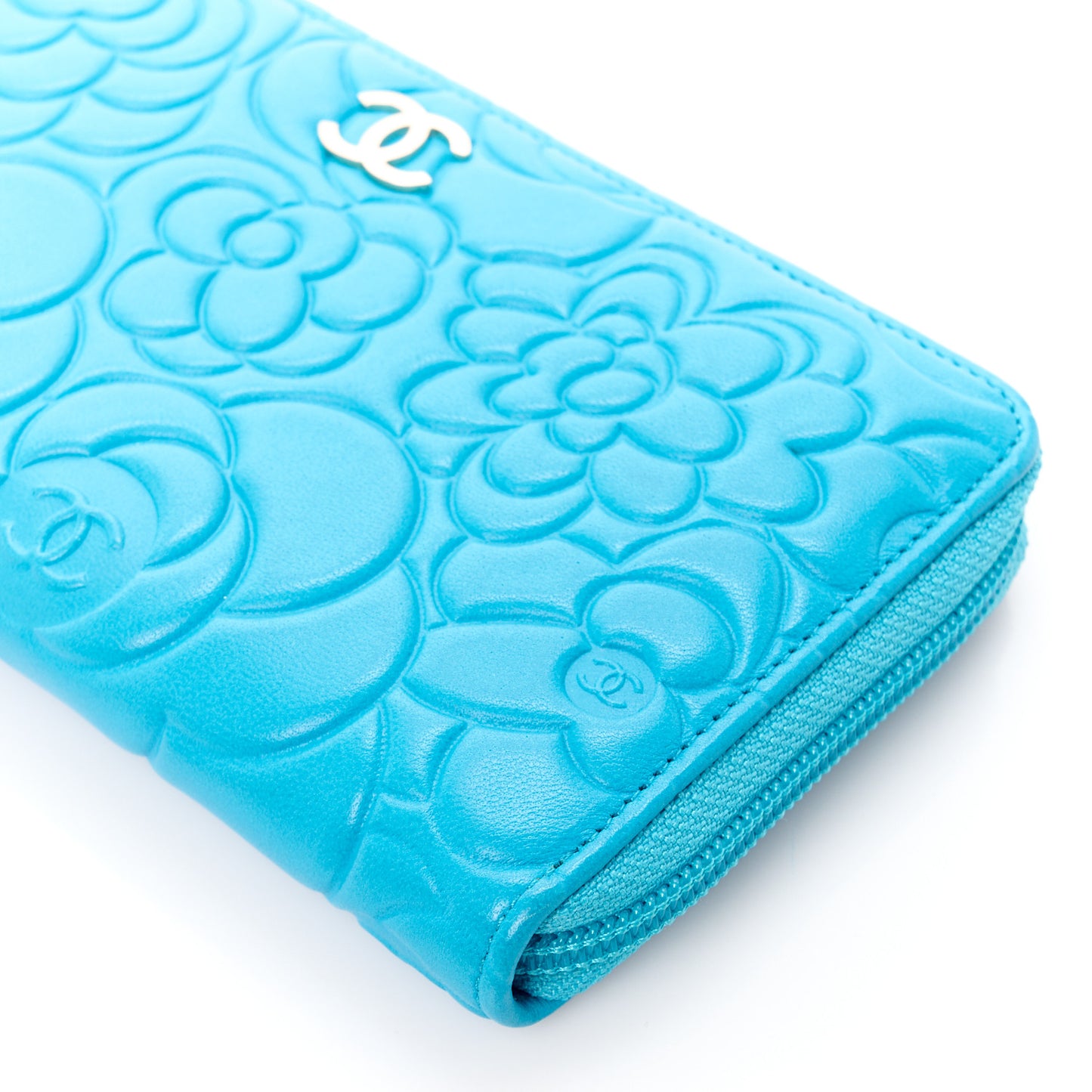 Lambskin Camellia Embossed Large Gusset Zip Around Wallet Turquoise
