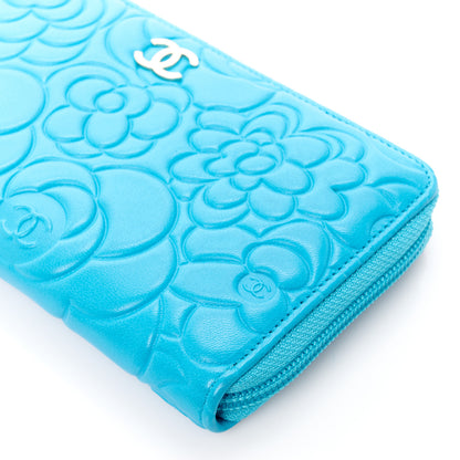 Chanel Lambskin Camellia Embossed Large Gusset Zip Around Wallet Turquoise 11 of 12