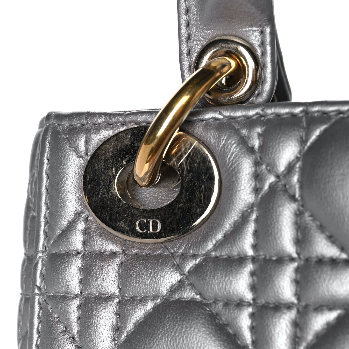 Metallic Lambskin Cannage Mini Lady Dior Grey