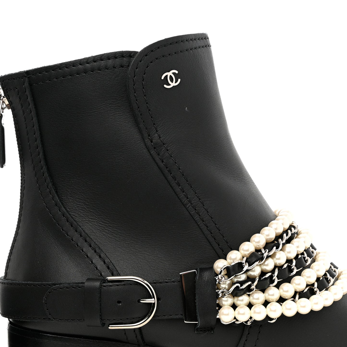 Calfskin Pearl Cap Toe Short Boots 40 Black