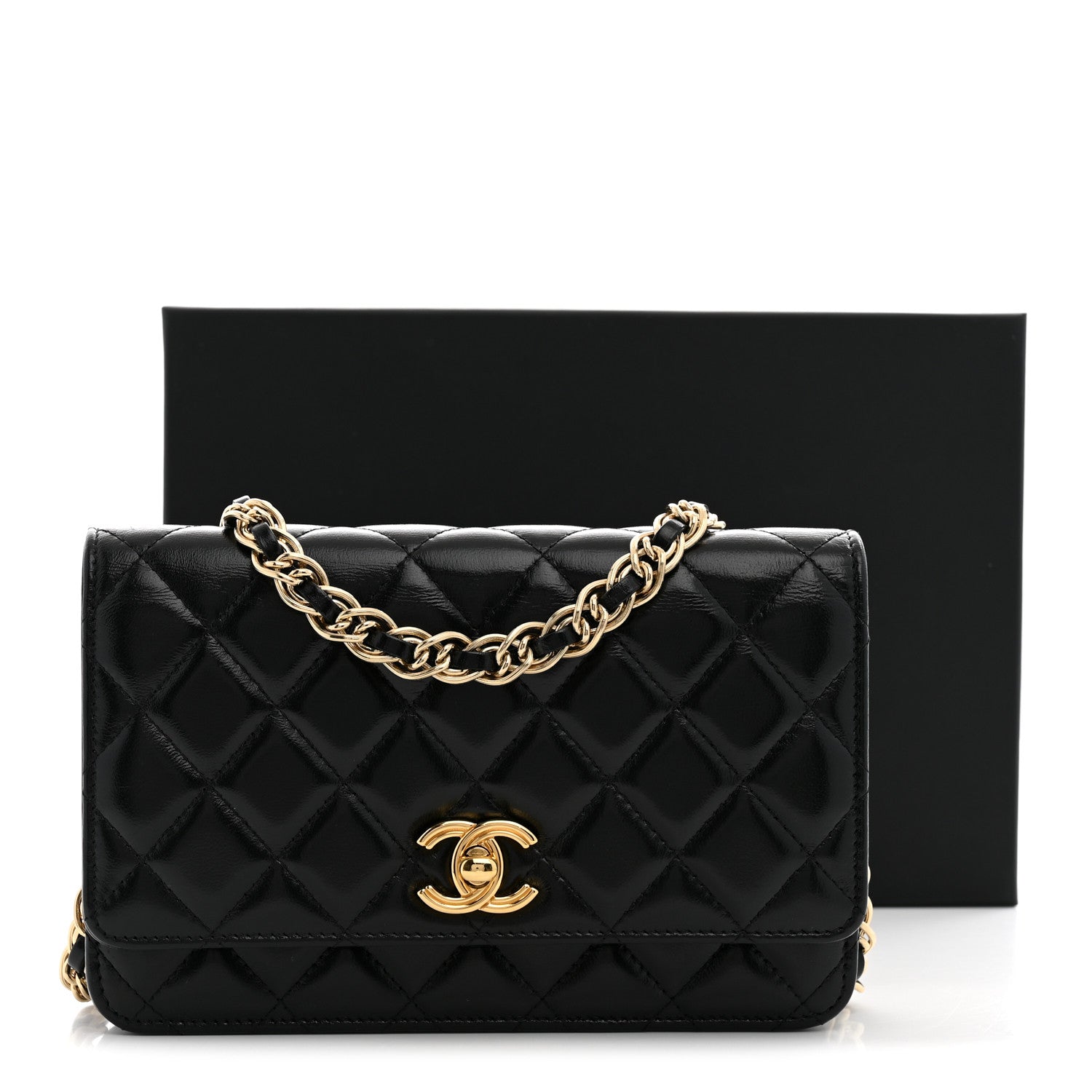 Chanel Shiny Lambskin Quilted Golden Links Wallet On Chain WOC Black 10 of 10