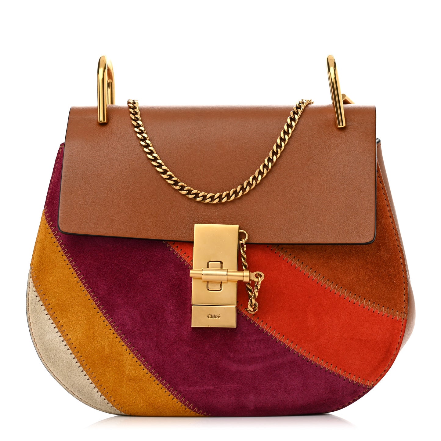 Calfskin Suede Rainbow Patchwork Drew Shoulder Bag Caramel