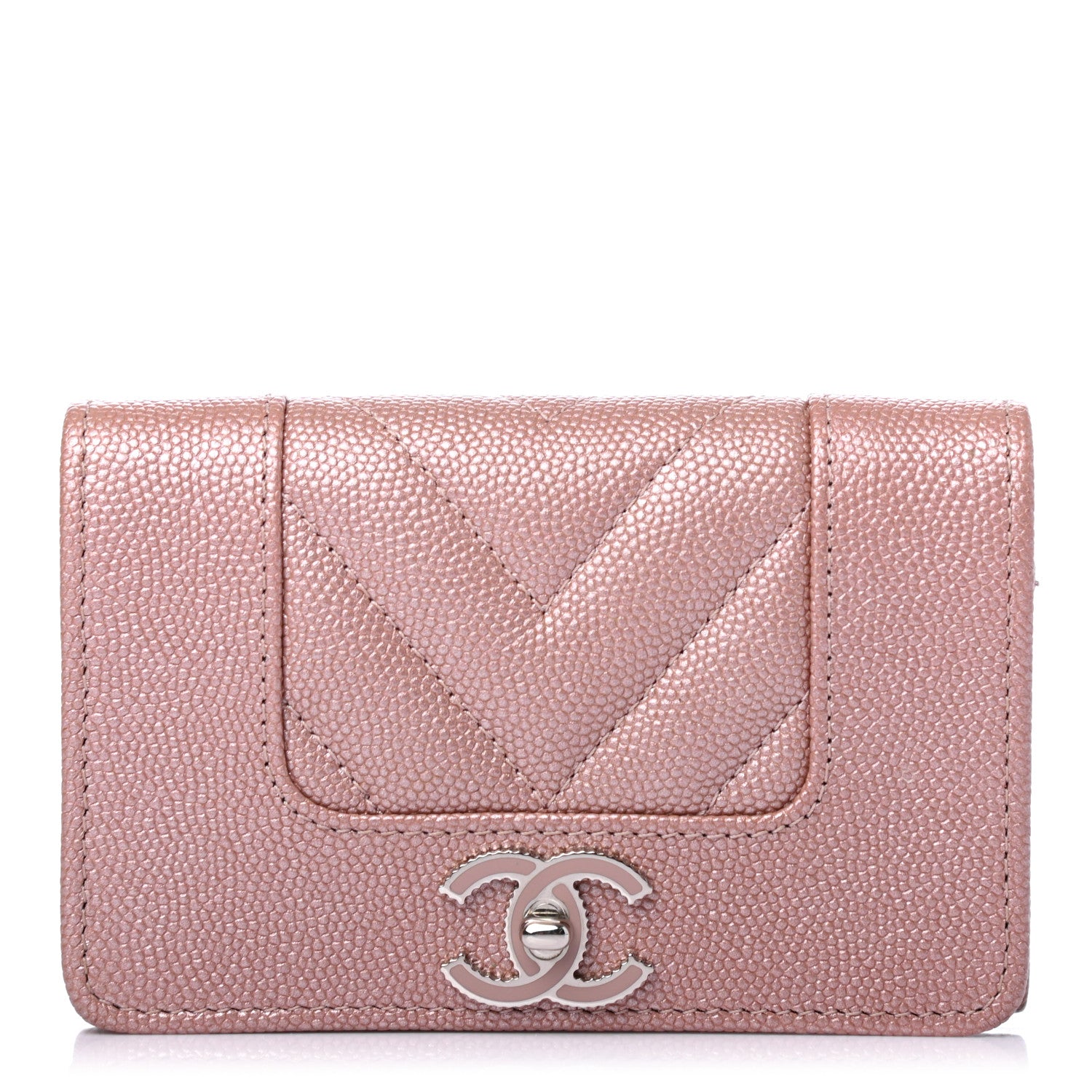 Chanel Metallic Caviar Chevron Quilted Vintage Mademoiselle Flap Card Holder Pink 1 of 4