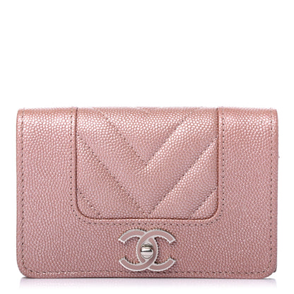 Chanel Metallic Caviar Chevron Quilted Vintage Mademoiselle Flap Card Holder Pink 1 of 4