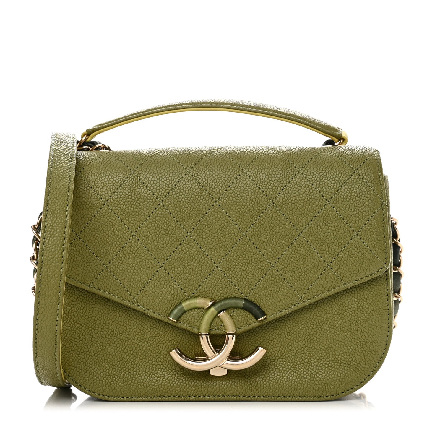 Grained Calfskin Quilted Small Cuba Top Handle Flap Khaki