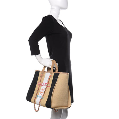 Chanel Straw Raffia Calfskin Striped Medium Deauville Tote Black Beige Ivory 3 of 11