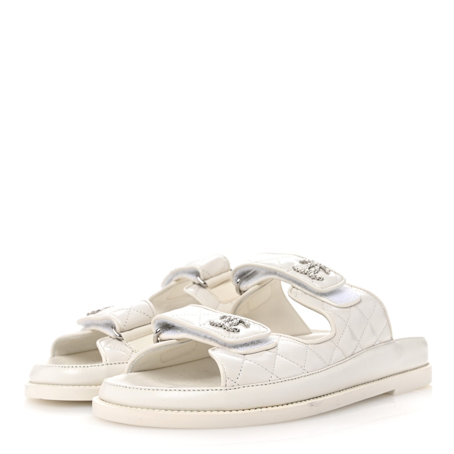 Lambskin Quilted Velcro Dad Chain CC Slide Sandals 39 White