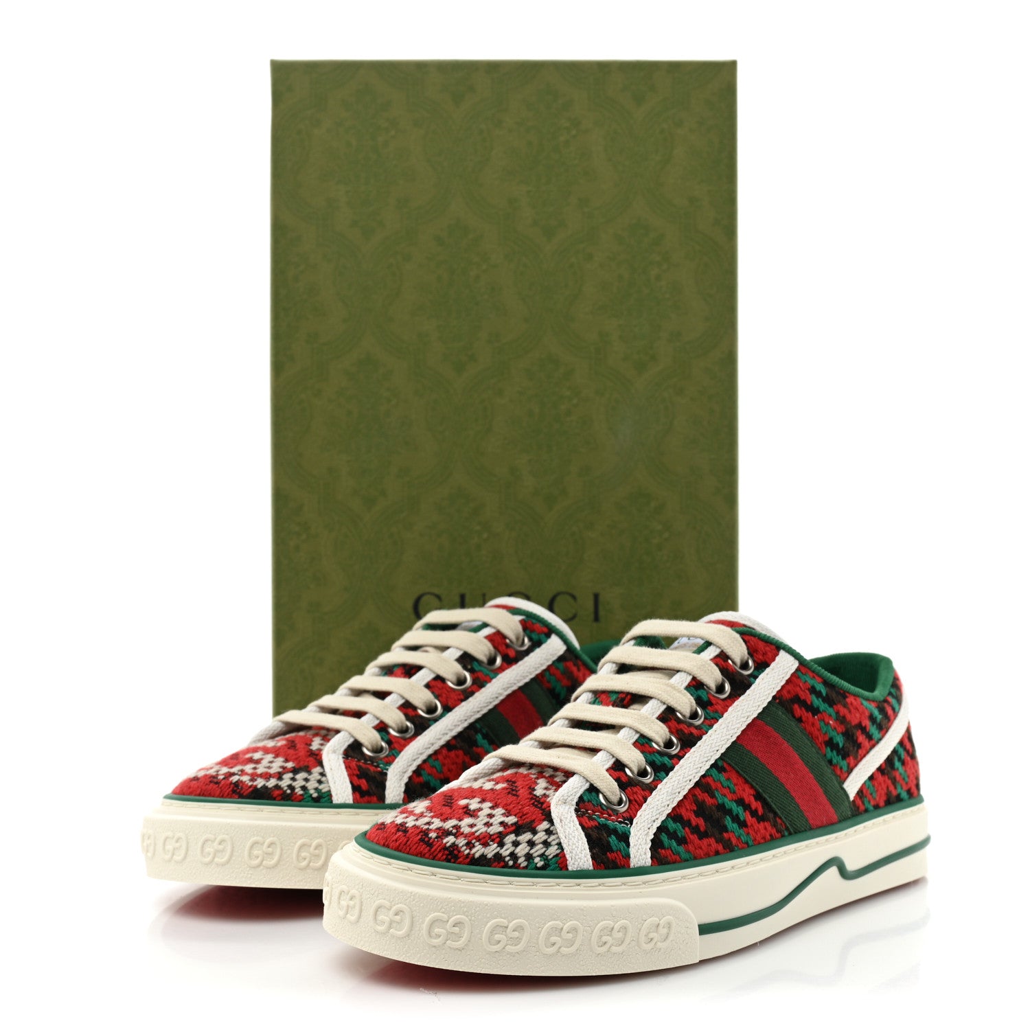 Gucci Cotton Wool Web Houndstooth Interlocking G Womens 1977 Tennis Sneakers 35 Red Green 8 of 8