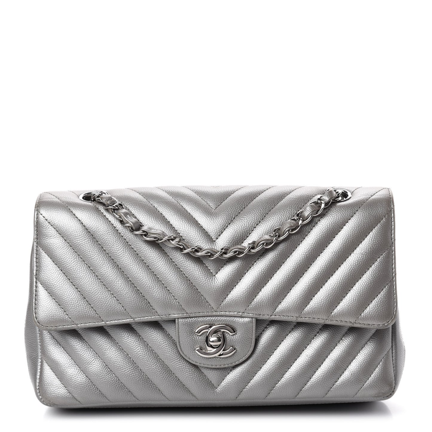 Metallic Caviar Chevron Quilted Medium Double Flap Silver