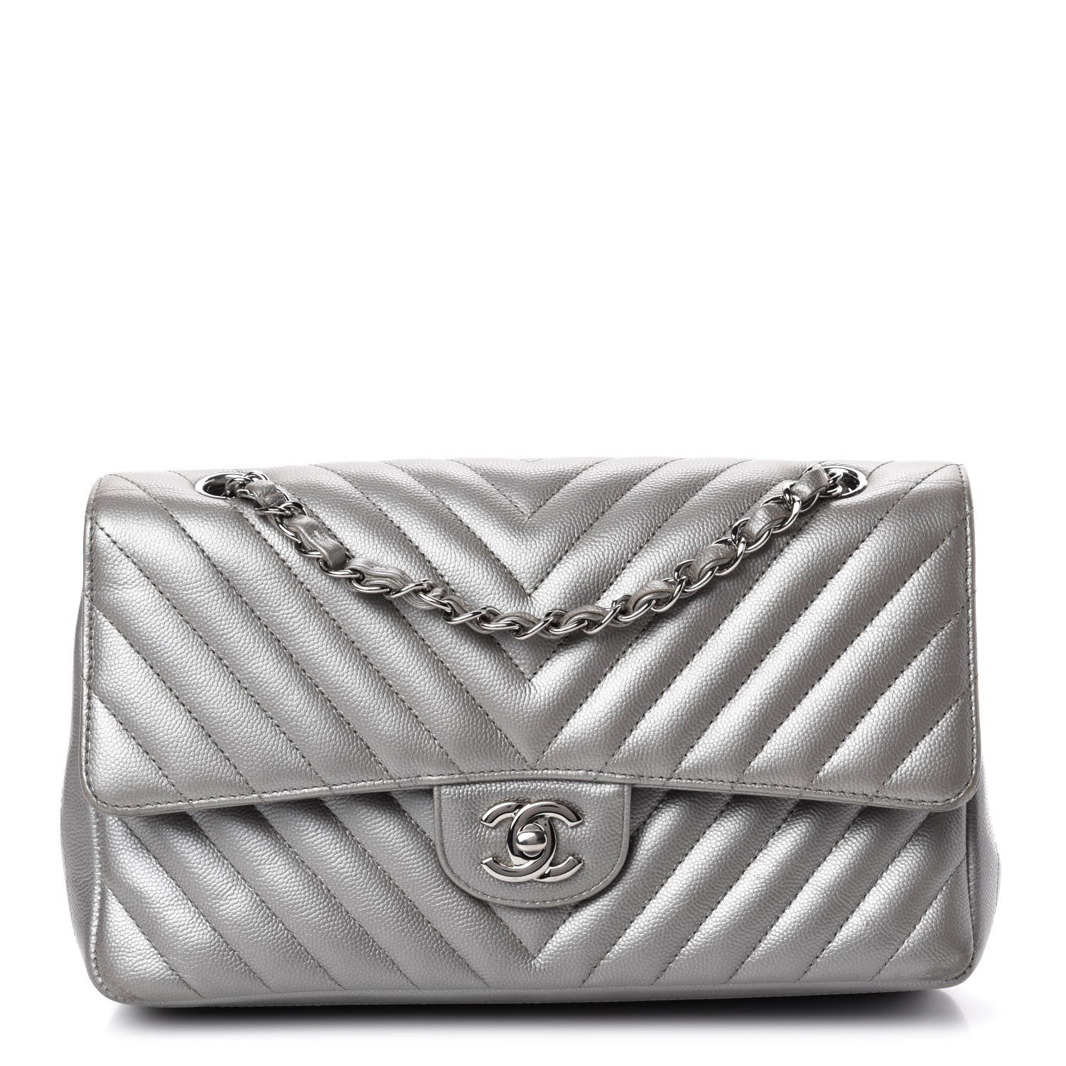 Chanel Metallic Caviar Chevron Quilted Medium Double Flap Silver 1 of 12