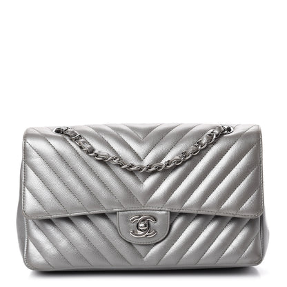 Chanel Metallic Caviar Chevron Quilted Medium Double Flap Silver 1 of 12
