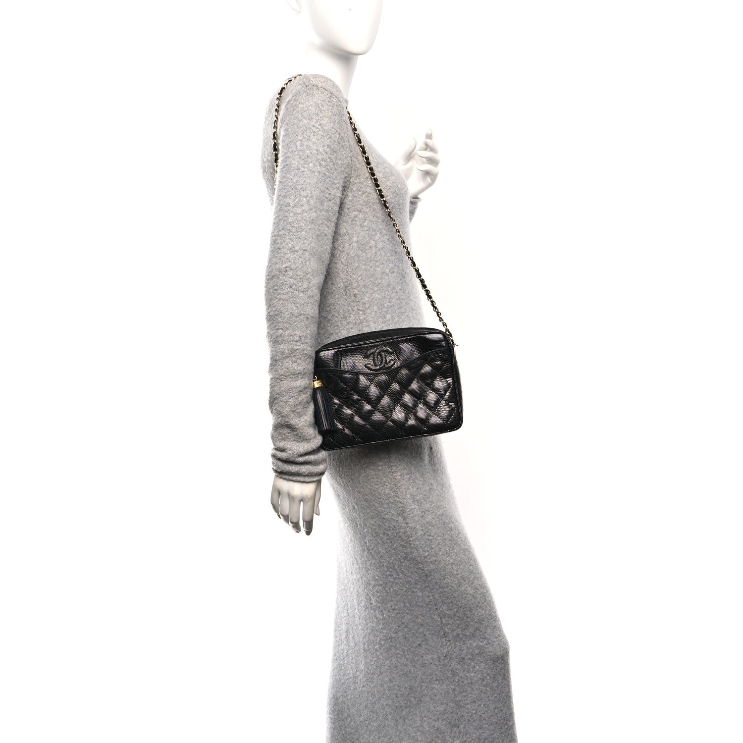Chanel Lizard Quilted Small Tassel Camera Case Black 1842683