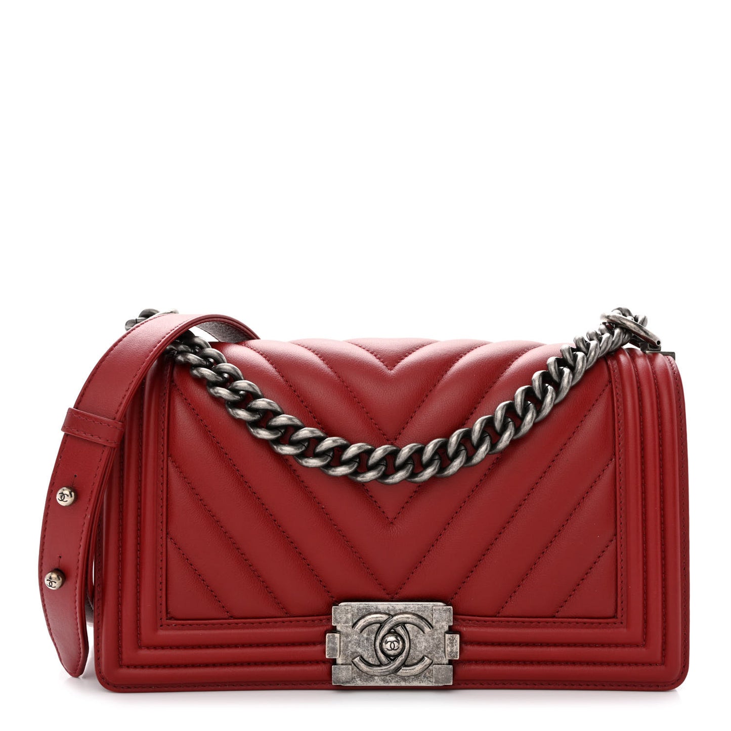 Calfskin Chevron Quilted Medium Boy Flap Dark Red