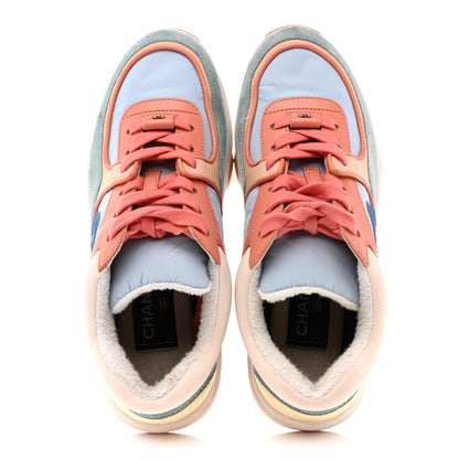 Chanel Nylon Lambskin Suede Calfskin CC Sneakers 35 Coral Light Blue White 2 of 12